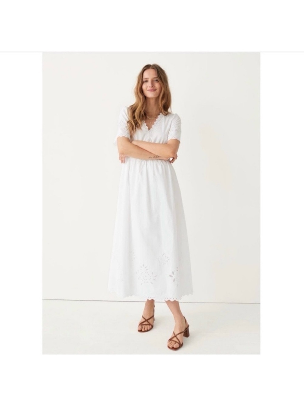 & other stories white short sleeve scalloped embroidered drawstring midi dress